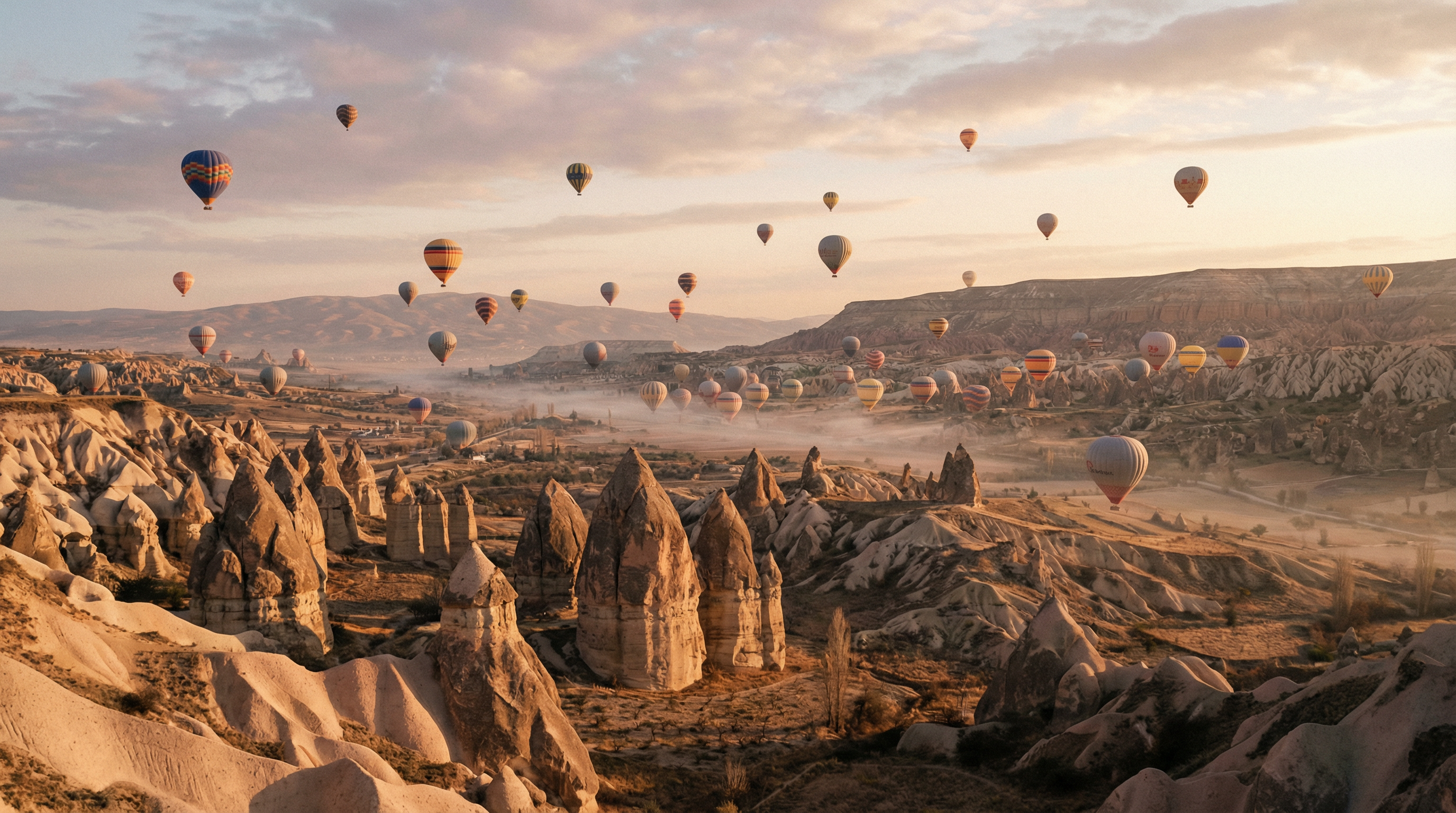 Hot air balloons over Cappadocia fairy chimneys at sunrise