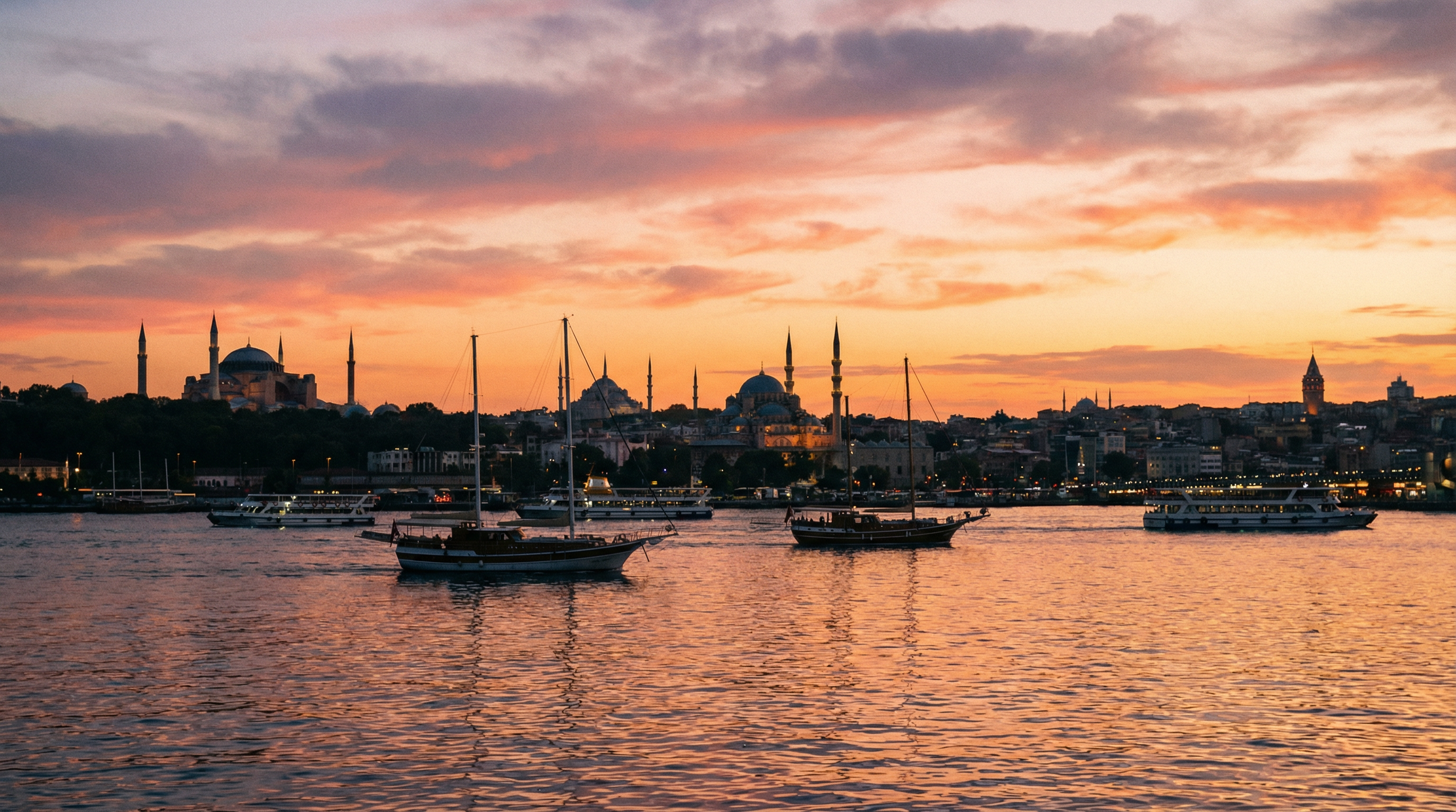 Bosphorus strait at sunset with Istanbul skyline